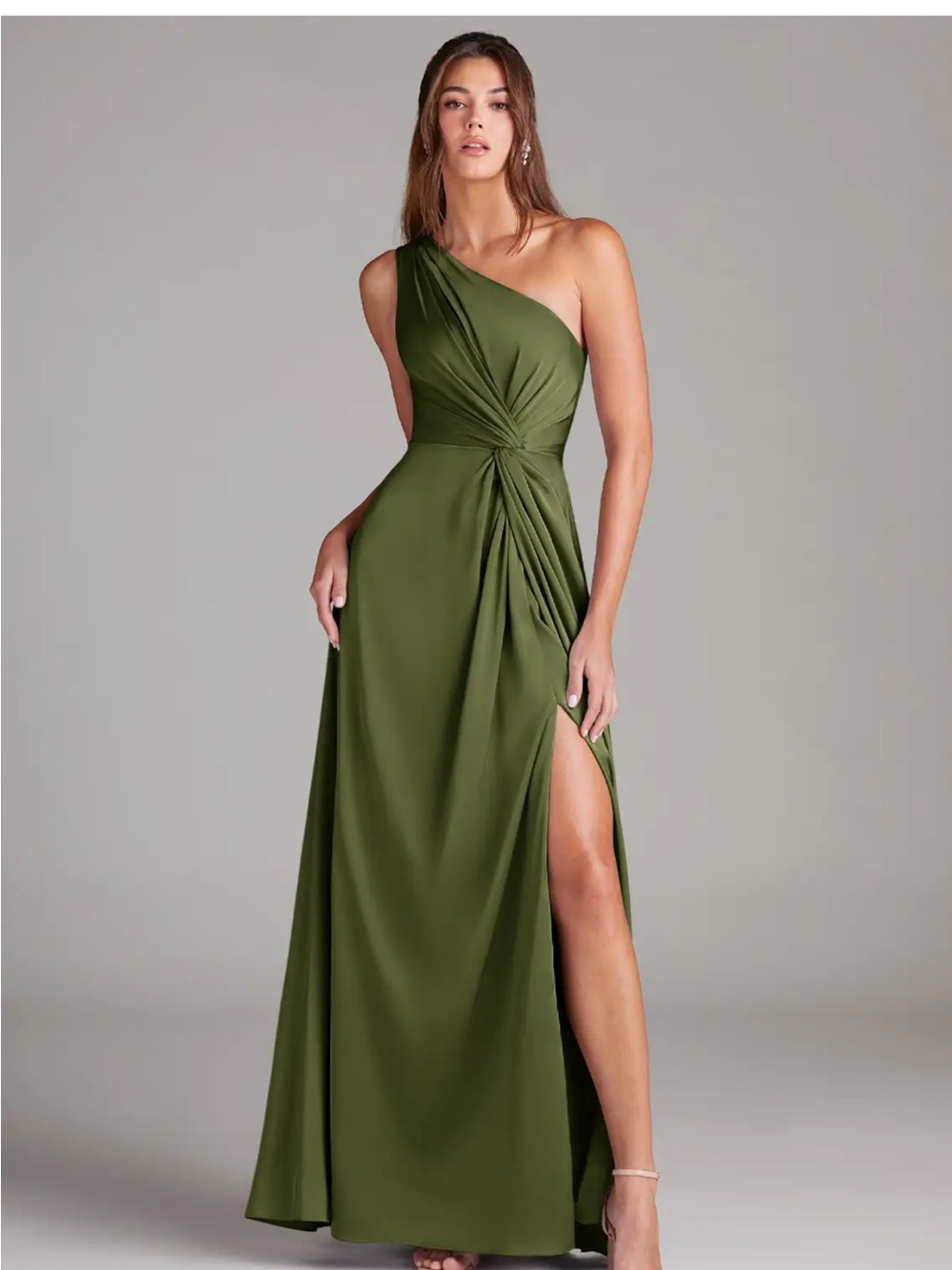 Azazie Olive One-Shoulder Gown with Twist Detail and High Slit